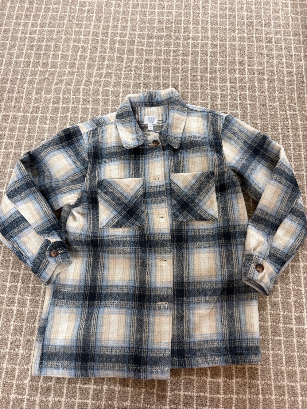 Time and Tru Blue and Cream Plaid Button Flannel